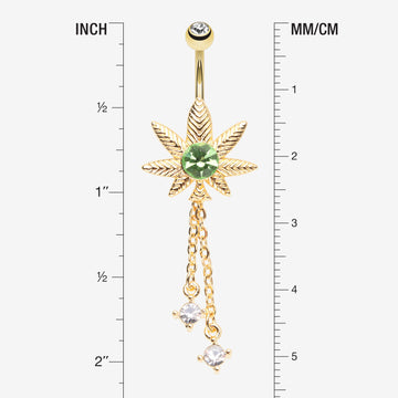 Detail View 1 of Golden Cannabis Pot Leaf Sparkle Chained Dangle Belly Button Ring-Clear Gem/Green
